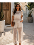 Sievna Champagne Sequin Embellished Sheer Wide Leg Jumpsuit