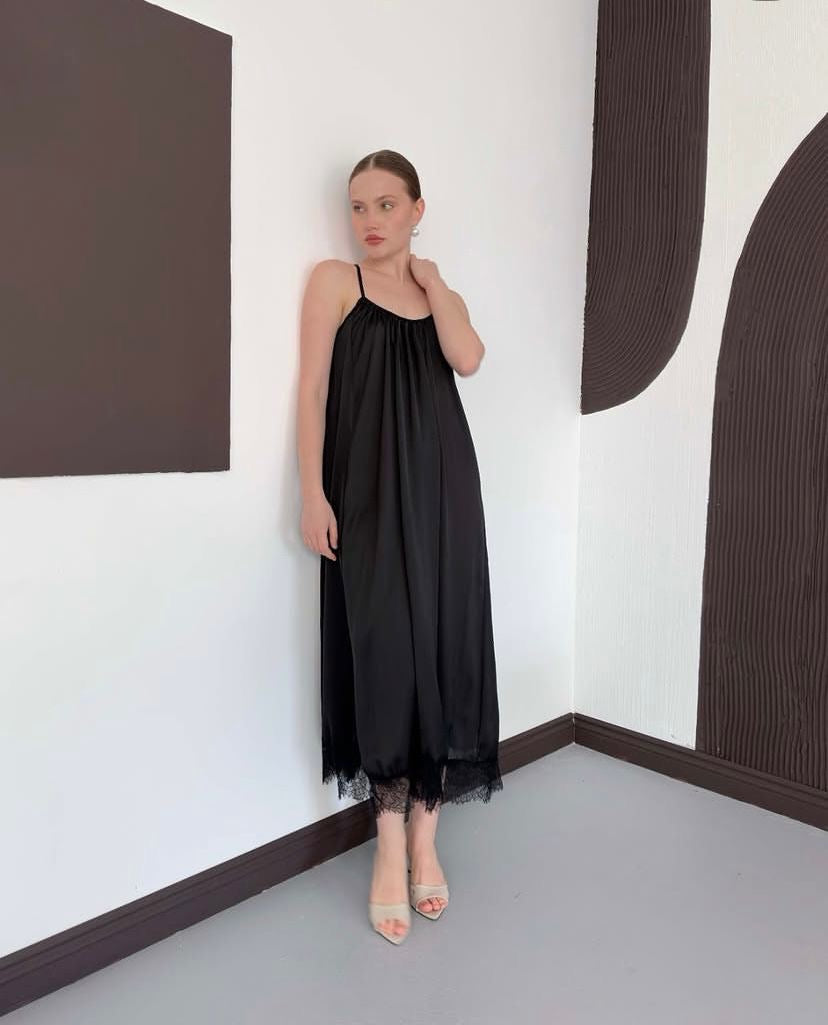 Sievna Black Lace Trim Spaghetti Strap Maxi Dress