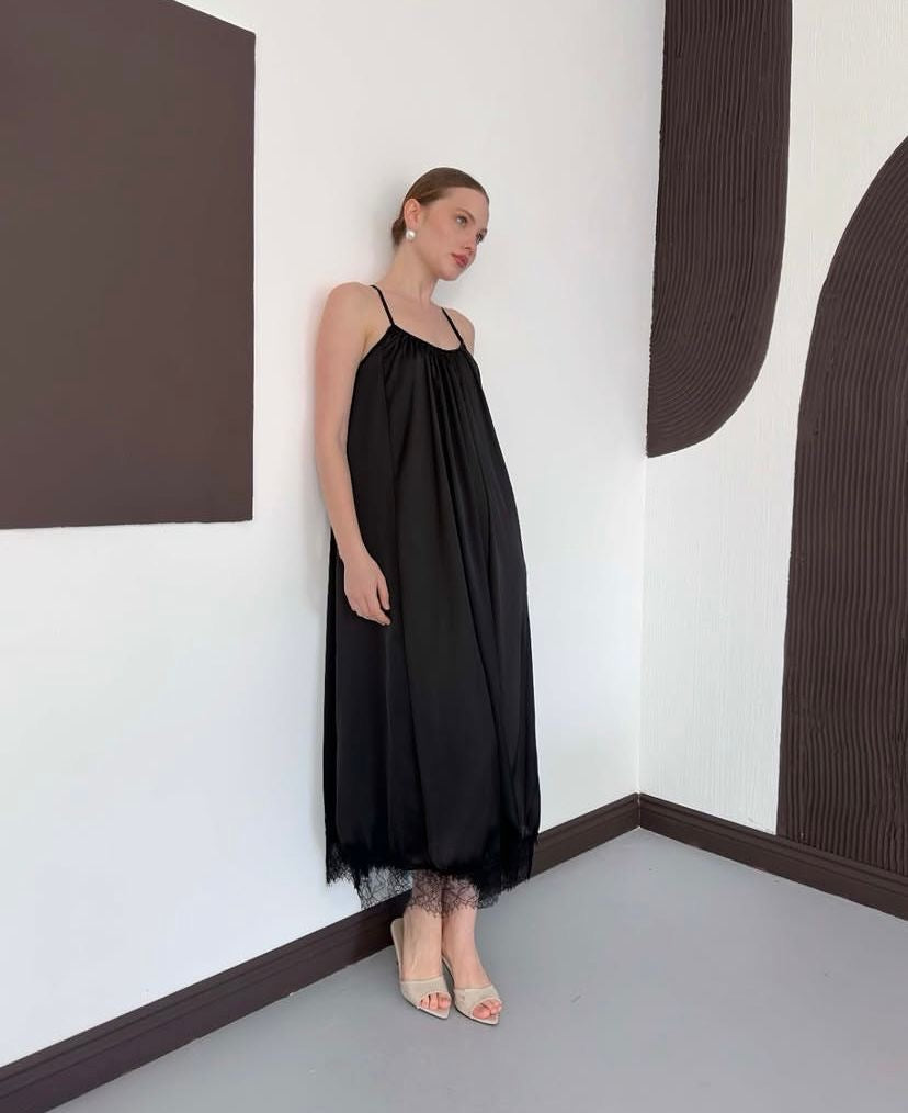 Sievna Black Lace Trim Spaghetti Strap Maxi Dress