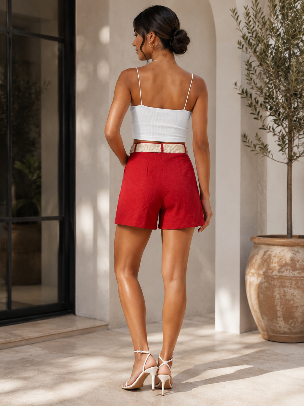 Sievna Red High-Waisted Belted Shorts