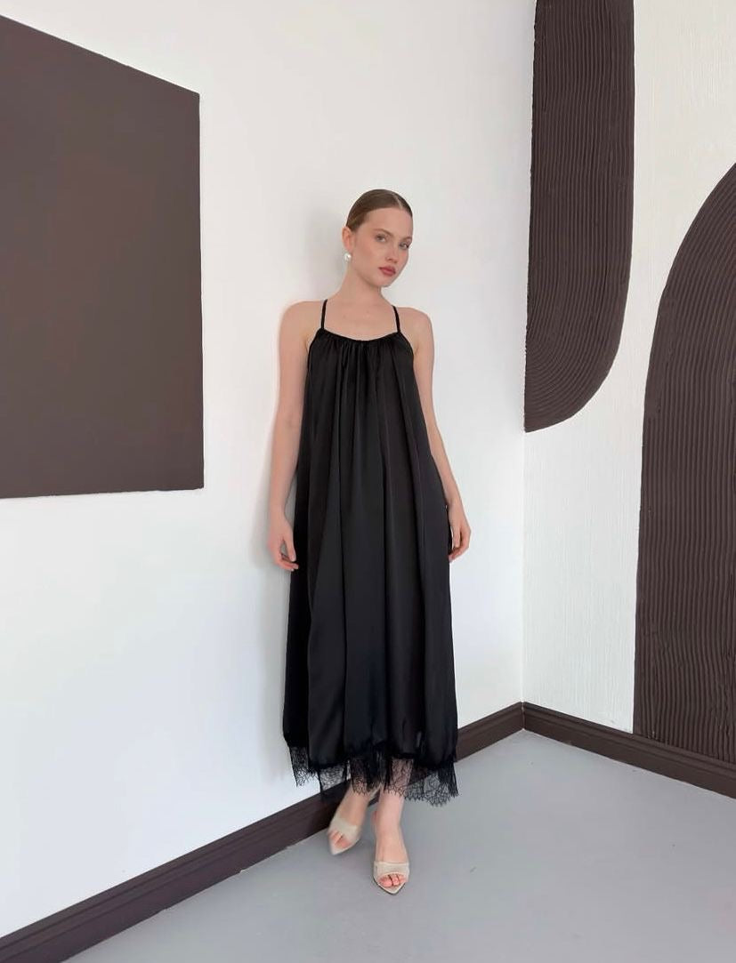Sievna Black Lace Trim Spaghetti Strap Maxi Dress
