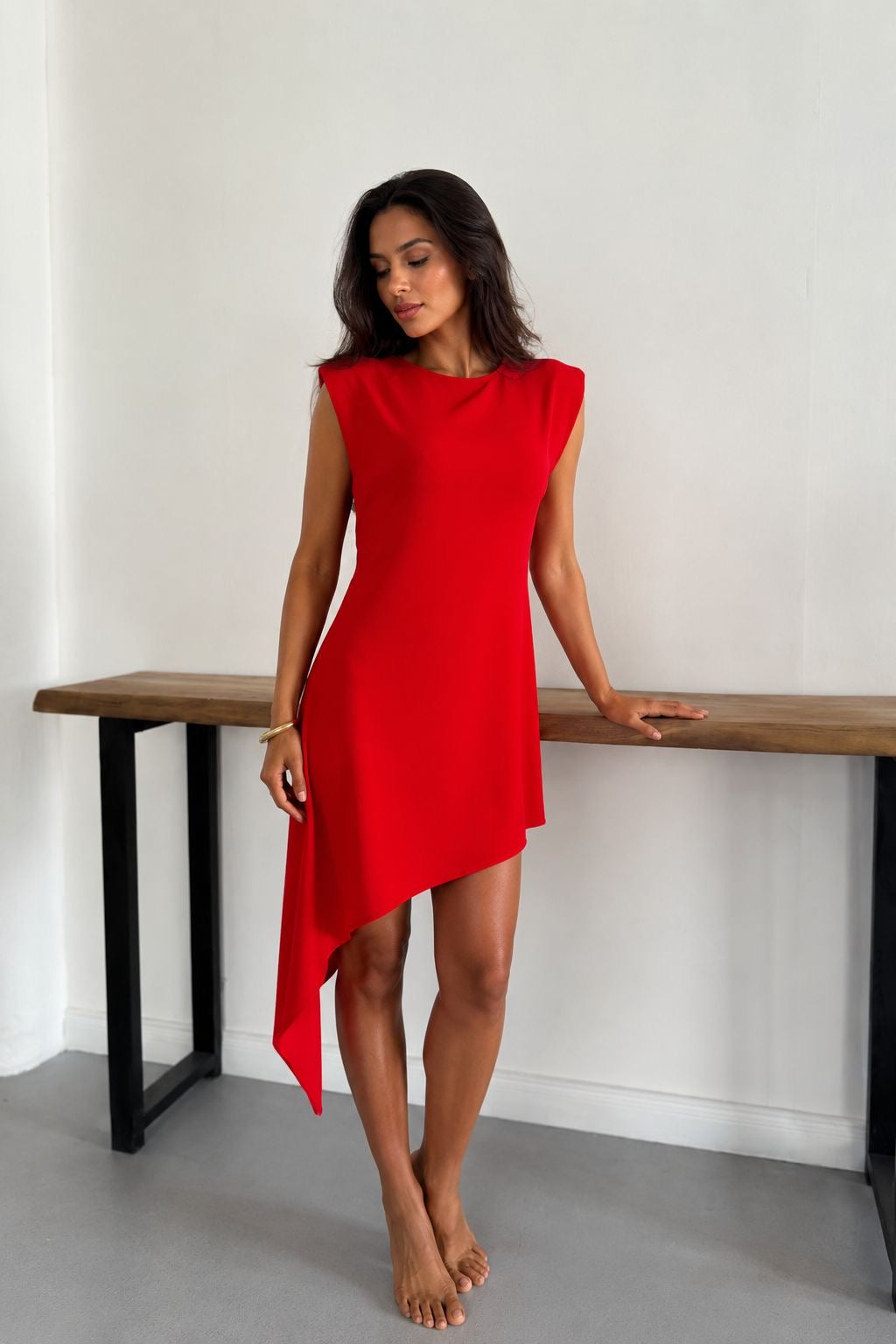 Sievna Red Asymmetric Hem Sleeveless Mini Dress