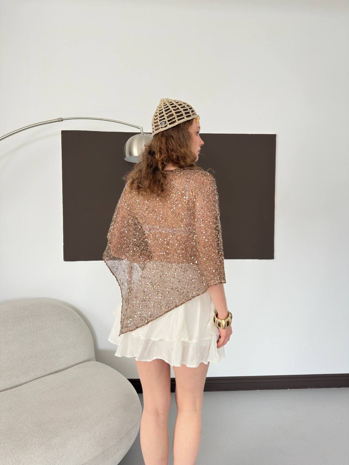 Sievna Champagne Embellished Sheer Asymmetrical Top
