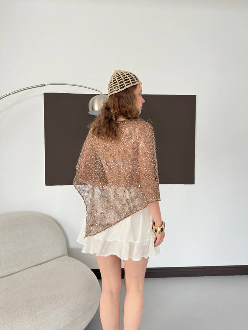 Sievna Champagne Embellished Sheer Asymmetrical Top